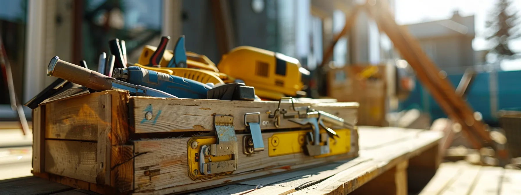 a contractor's toolbox overflowing with essential tools on a sunny construction site.