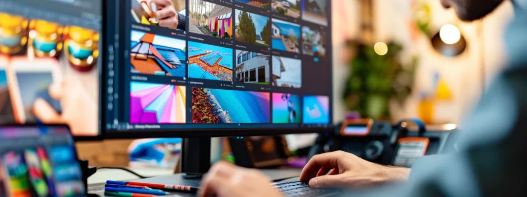 a person carefully selecting vibrant color schemes and modern layouts on a computer screen to upgrade a roofing website.