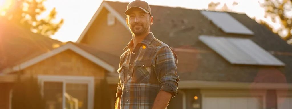 a confident roofing expert stands proudly next to a beautifully installed roof, surrounded by glowing customer testimonials and positive reviews displayed prominently in the background, under warm, inviting sunlight that highlights their trustworthy reputation.