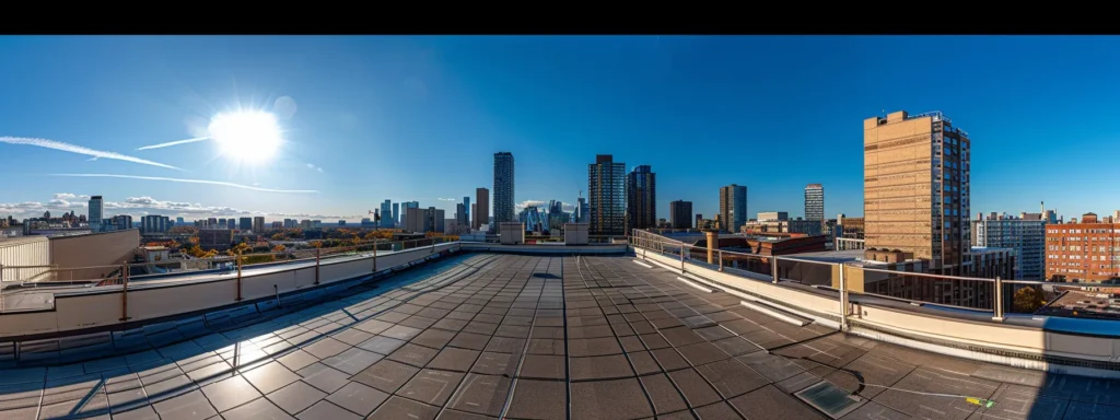 a dynamic and engaging rooftop landscape with a clear blue sky, symbolizing the successful and thriving business of a roofing company powered by effective lead generation services.