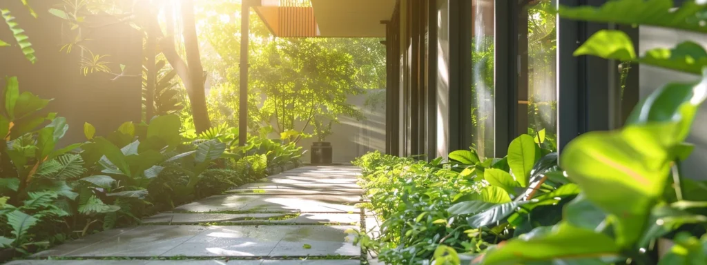 a pristine residential property glistens under the warm afternoon sun, showcasing freshly power-washed surfaces surrounded by vibrant greenery, symbolizing the transformative impact of regular maintenance.