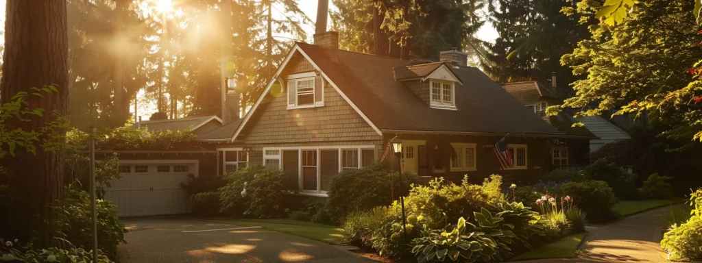 a pristine suburban home gleams under bright sunlight after a professional power washing, showcasing the transformative effect of thorough cleaning on exterior surfaces against a backdrop of lush green trees.