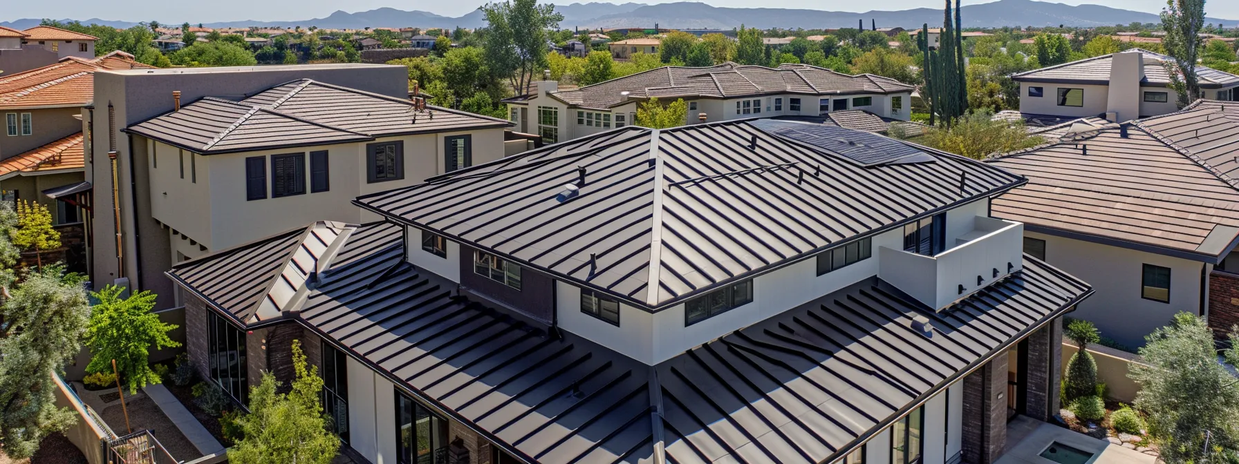 a striking aerial view of a bustling residential neighborhood showcases freshly installed, gleaming roofs reflecting the sunlight, symbolizing the thriving demand for high-quality roofing leads.