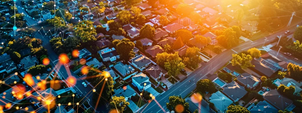 a vibrant aerial shot of a bustling neighborhood, highlighting freshly roofed homes alongside a digital overlay of upward-trending graphs symbolizing growth, showcasing the impact of local seo strategies on the roofing business.