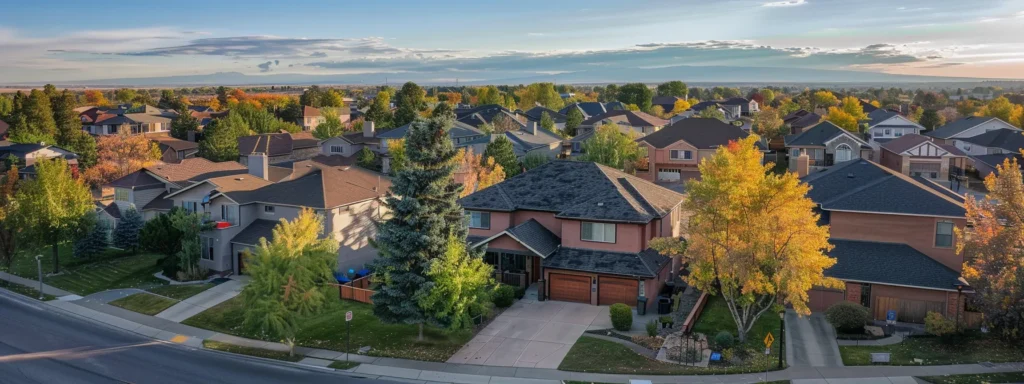 a vibrant, aerial view of a suburban neighborhood showcasing a variety of homes with aging roofs, strategically placed eye-catching direct mail flyers in mailboxes, illuminated by warm afternoon light to emphasize targeted outreach and community engagement.