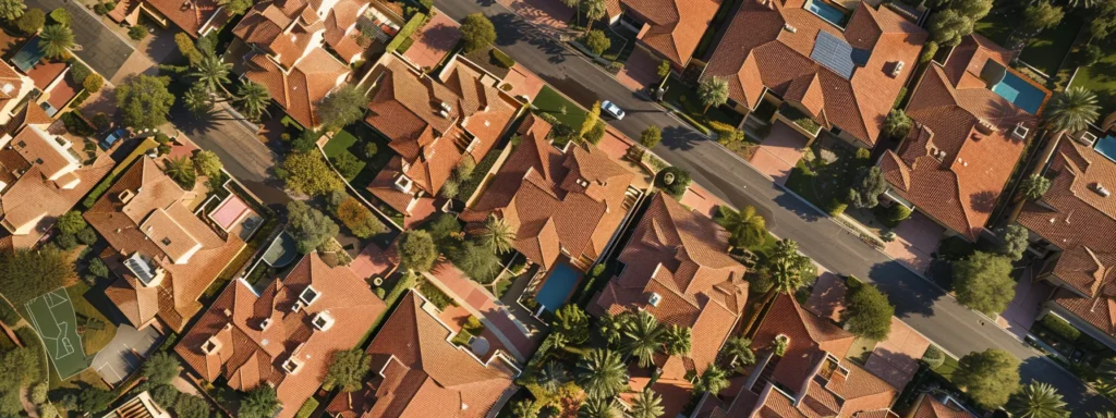 a vibrant aerial view of a bustling suburban neighborhood, showcasing neatly lined houses with pristine roofs under bright sunlight, illustrating the strong connection between local roofing services and community growth.