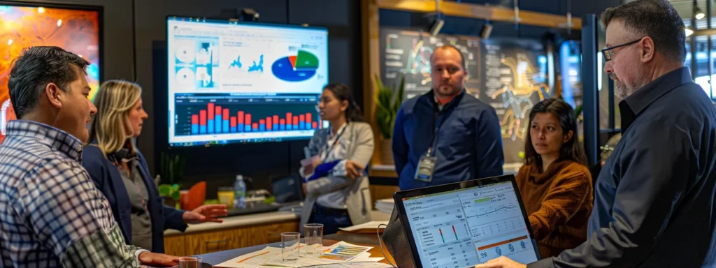 a vibrant and engaging scene depicting a digital marketing strategy session, showcasing a diverse group of professionals gathered around a sleek table, analyzing colorful graphs and charts related to facebook ad targeting for roofing services under bright, focused lighting.