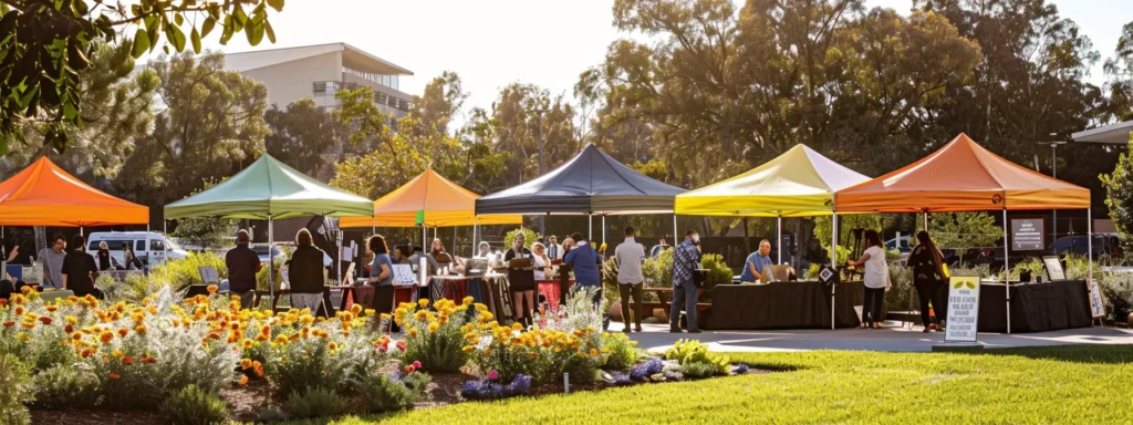 a vibrant community event unfolds in a lively outdoor setting, showcasing local businesses networking under colorful tents, with engaging workshops happening in the background, all bathed in warm, golden sunlight.