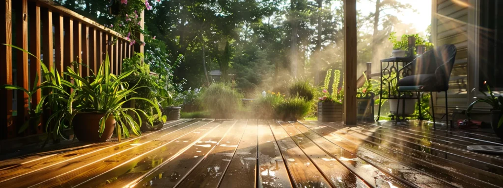 a vibrant, sunlit residential deck glistens after a thorough power washing, showcasing the removal of mold and algae, with lush greenery in the background symbolizing a fresh, clean home environment.