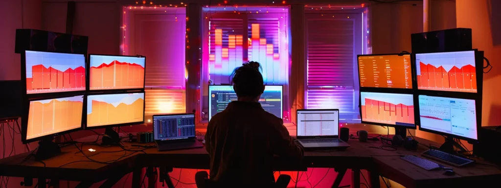 a visually captivating scene of a digital marketing strategist analyzing vibrant data charts on a sleek laptop, surrounded by glowing screens showcasing targeted facebook ads designed for roofers, illuminated by soft, ambient lighting.