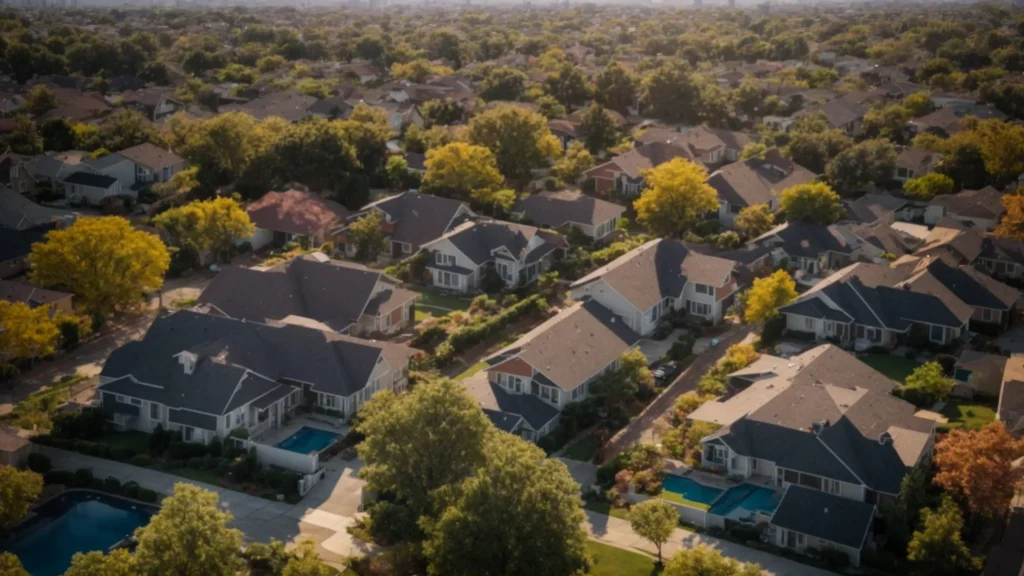 a vibrant aerial view of a residential neighborhood showcasing freshly installed roofs glistening under the midday sun, symbolizing the success of targeted facebook ad campaigns for roofers.