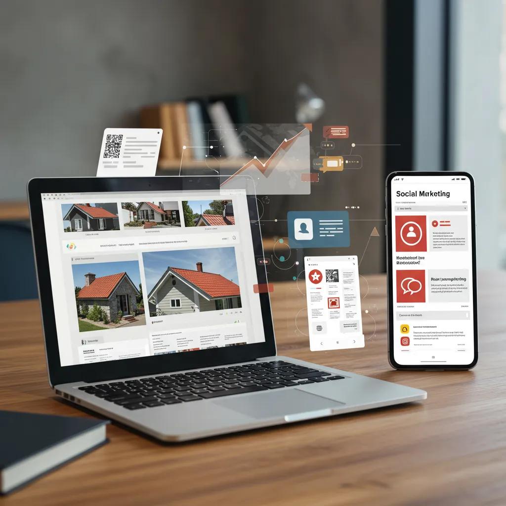 Digital marketing tools for roofing lead generation with laptop and smartphone