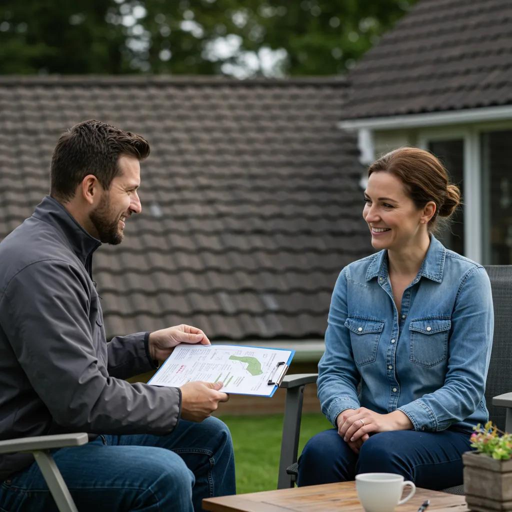 Roofing contractor discussing maintenance plan with satisfied homeowner in a cozy backyard