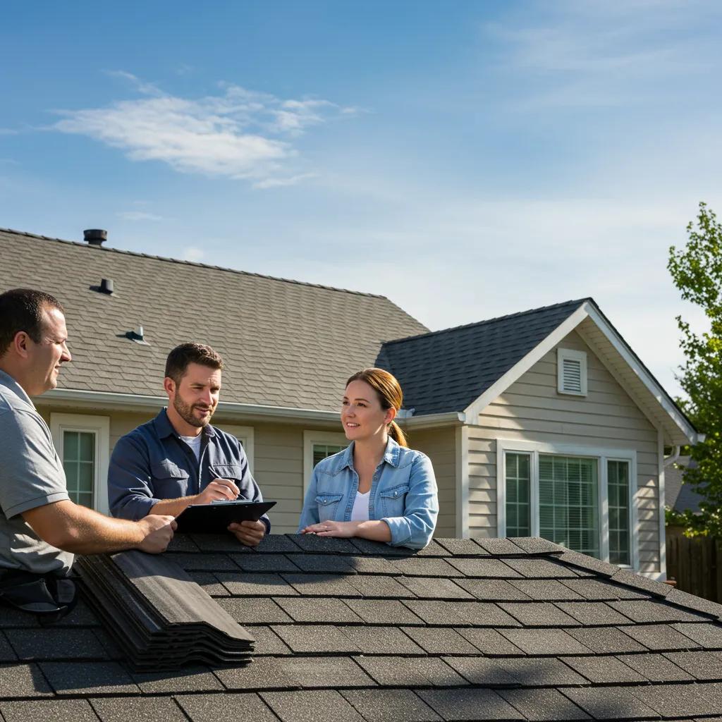 Roofing contractor discussing options with homeowner in front of a newly roofed house