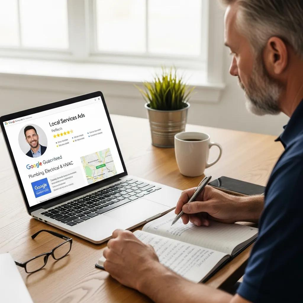 Contractor optimizing Google Local Services Ads profile on a laptop in a bright workspace