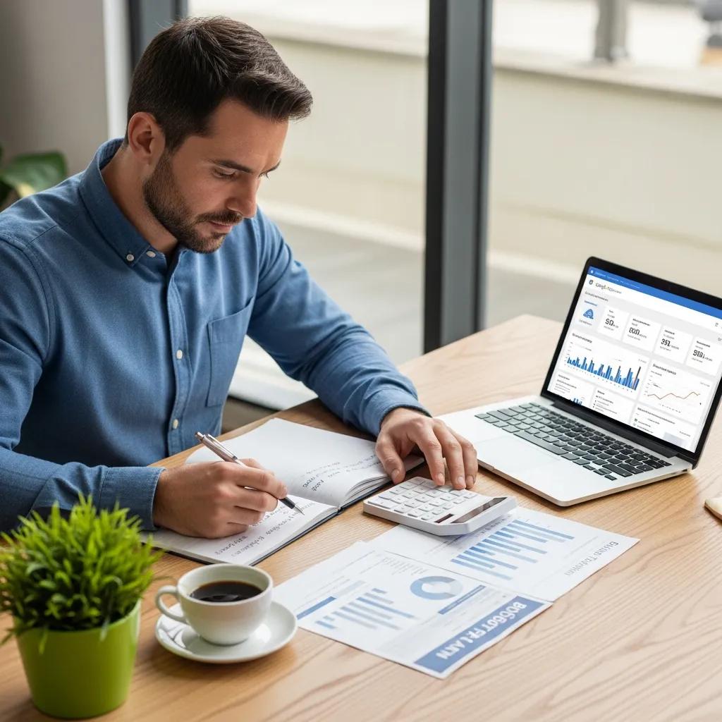 Contractor reviewing budget plan for Google Local Services Ads on a desk with a laptop and calculator