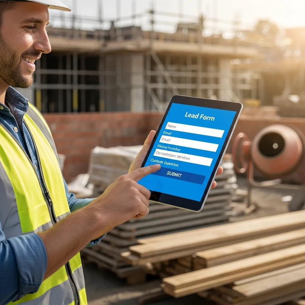 Contractor using Facebook Lead Form on a tablet at a construction site
