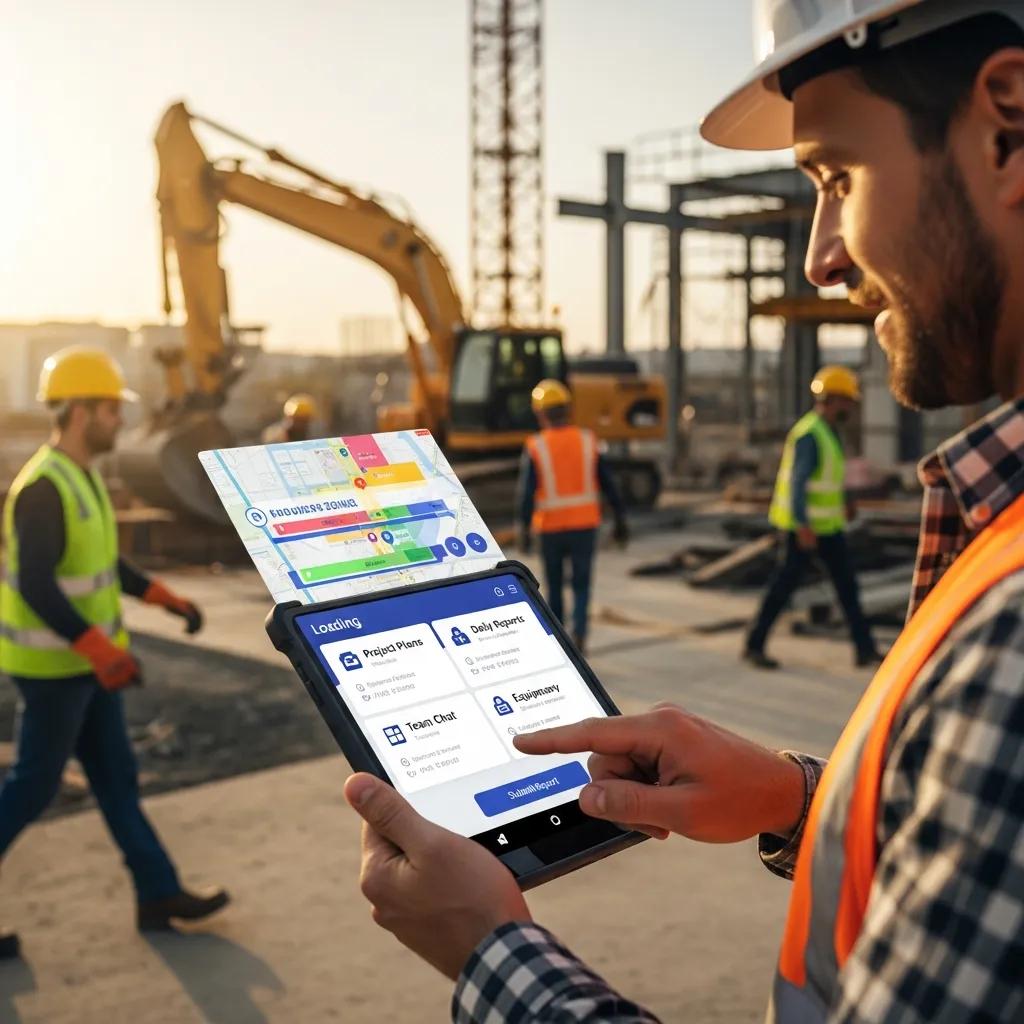 Contractor using a mobile app at a construction site, showing clear navigation and simple interface