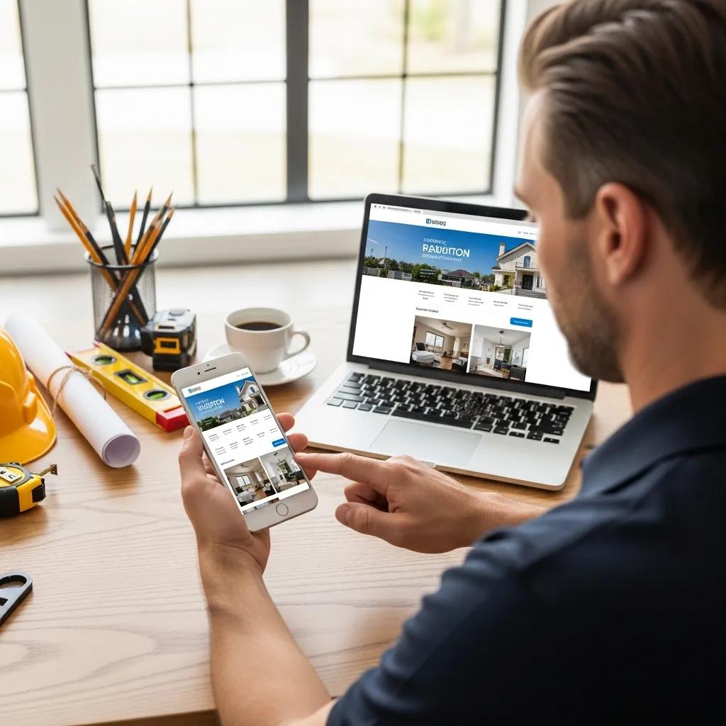 Contractor using mobile device for website design in a modern workspace