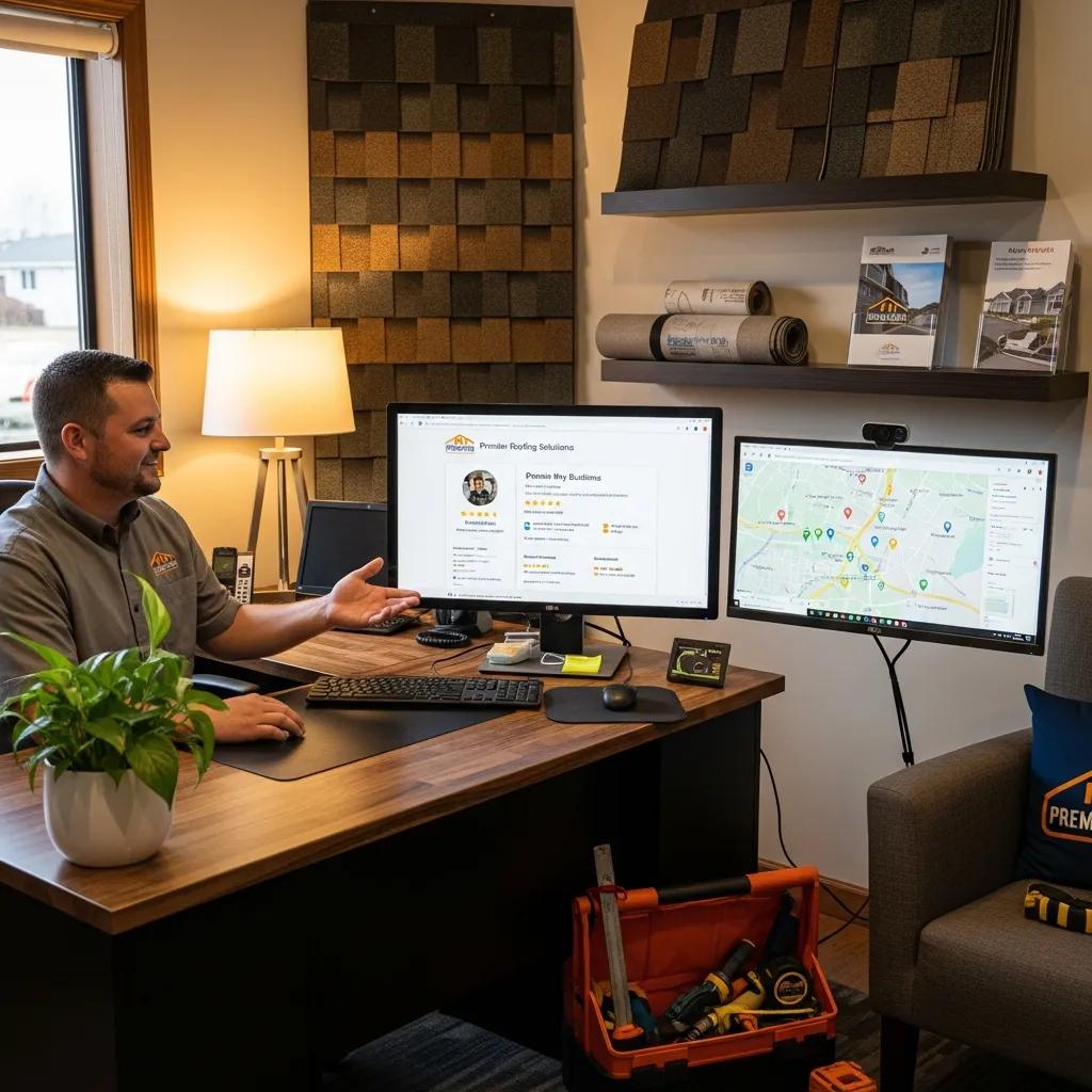 Local roofing company office with Google My Business profile, highlighting local SEO practices