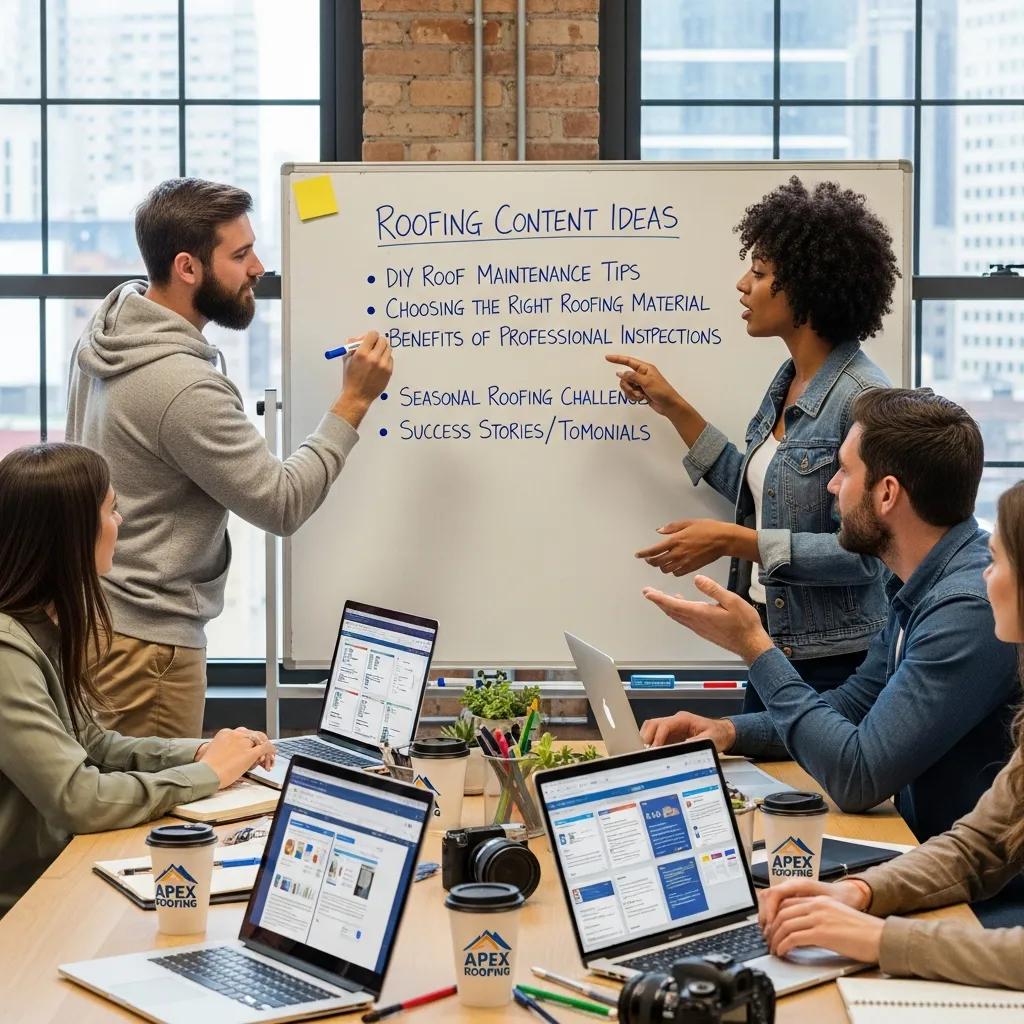 Roofing company team brainstorming content ideas, illustrating effective content marketing techniques
