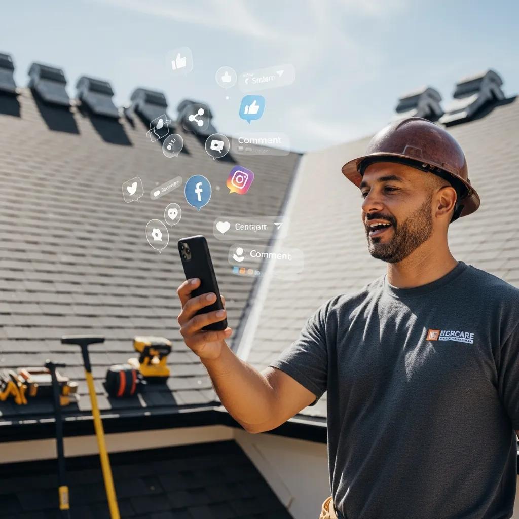 Roofing contractor engaging with followers on social media, emphasizing the role of social media in lead generation