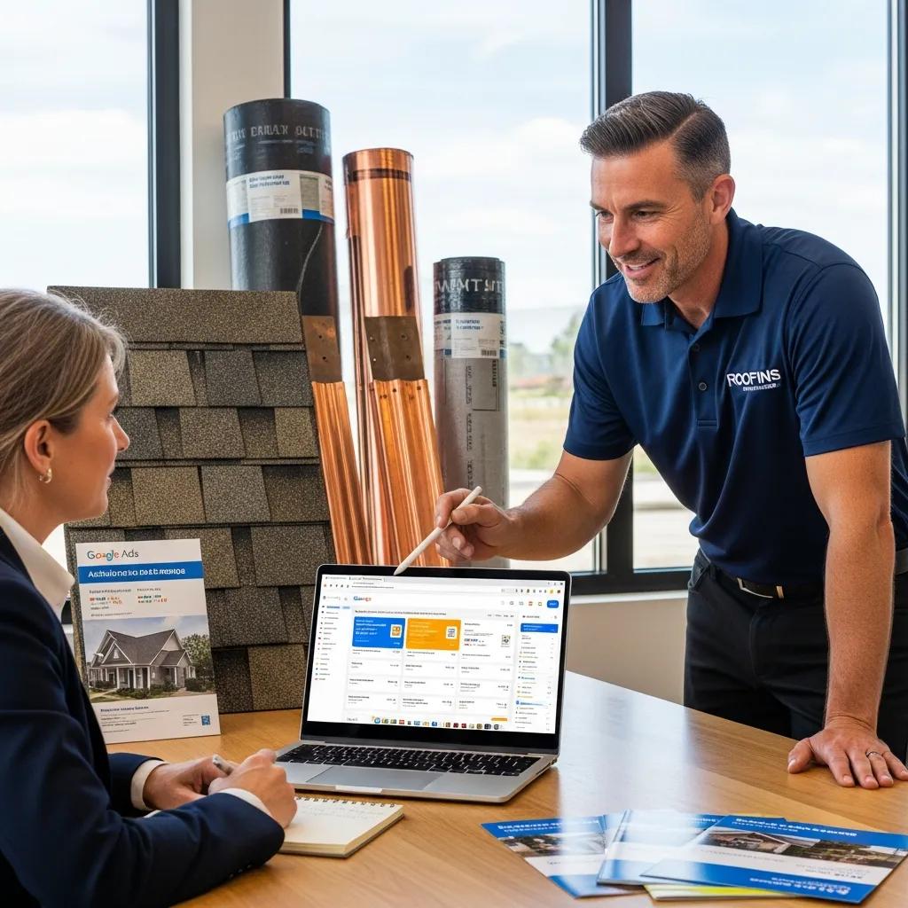 Roofing contractor explaining Google Ads strategies to a client with a laptop