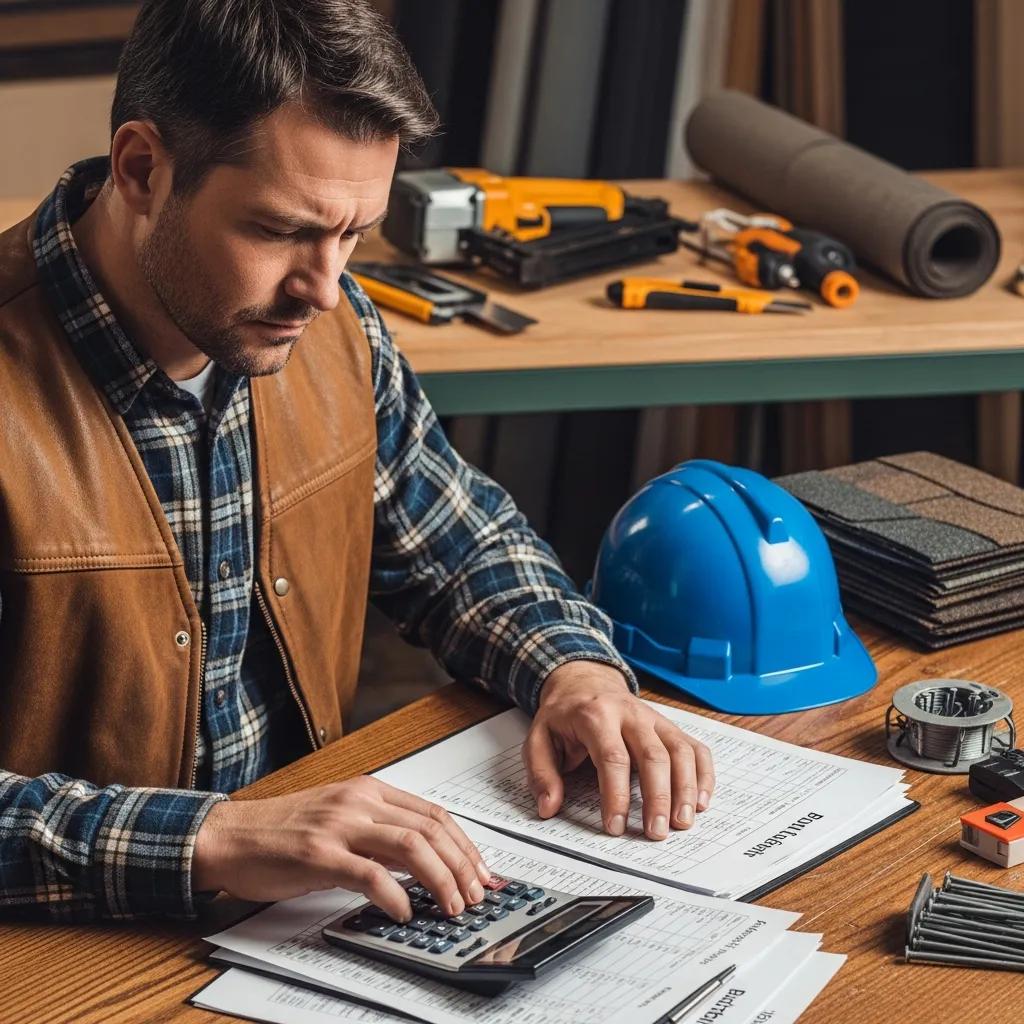 Roofing contractor reviewing budget plans and financial documents