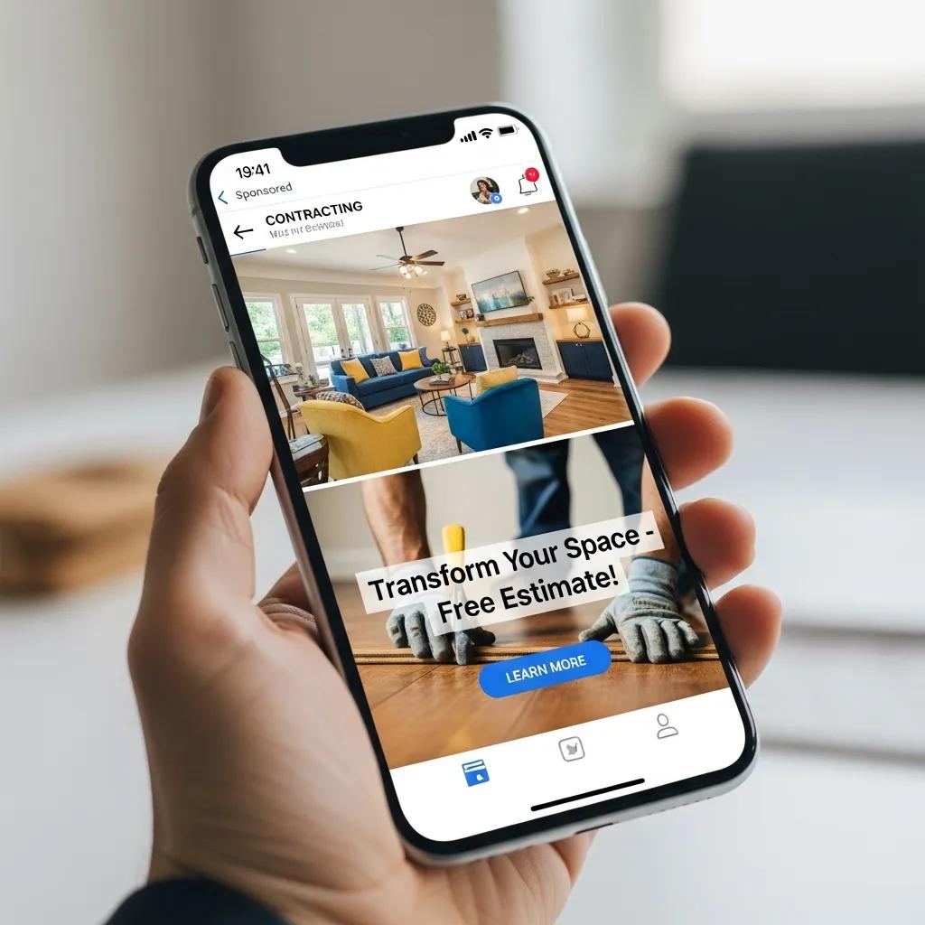 Well-designed Facebook ad on a smartphone showcasing contracting services
